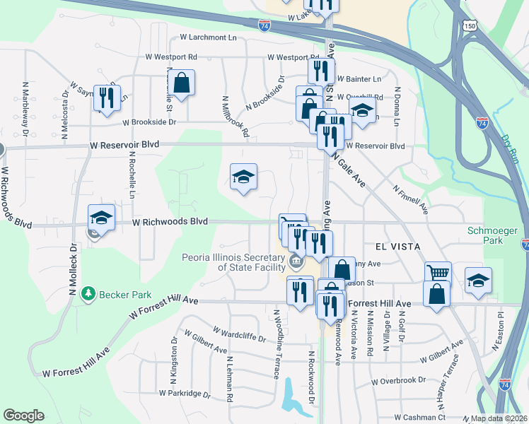 map of restaurants, bars, coffee shops, grocery stores, and more near 3411 North Elmcroft Terrace in Peoria