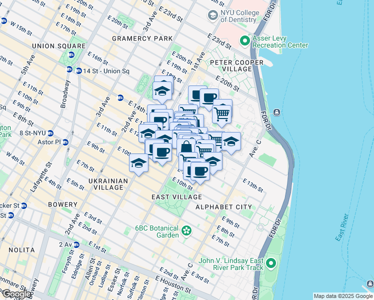 map of restaurants, bars, coffee shops, grocery stores, and more near 206 Avenue A in New York