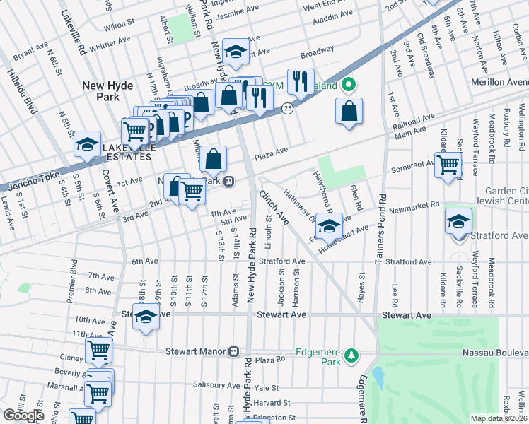 map of restaurants, bars, coffee shops, grocery stores, and more near 166 Lincoln Street in Garden City