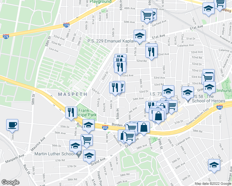 map of restaurants, bars, coffee shops, grocery stores, and more near 53-66 65th Place in Queens