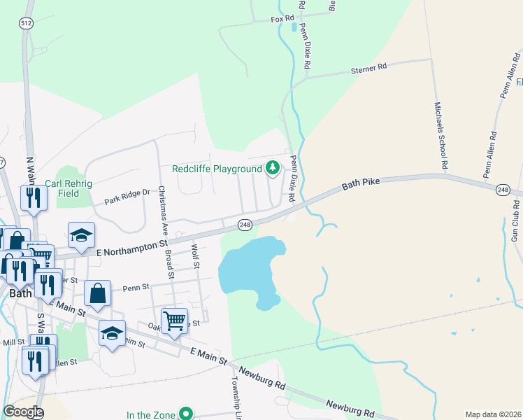 map of restaurants, bars, coffee shops, grocery stores, and more near 3511 Penfield Way in Nazareth