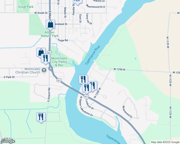 map of restaurants, bars, coffee shops, grocery stores, and more near 13080-13098 North 1225 West in Monticello