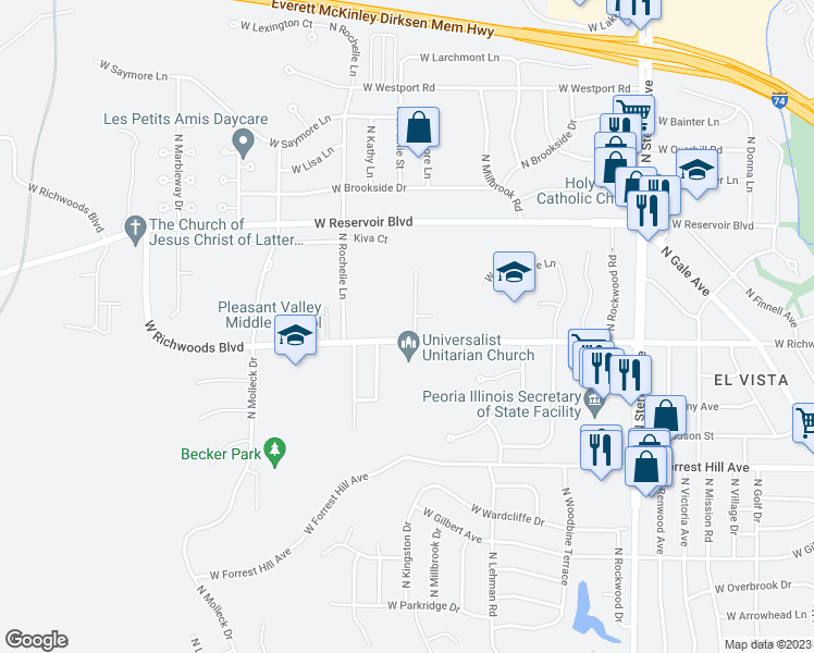 map of restaurants, bars, coffee shops, grocery stores, and more near 3405 North Kingston Drive in Peoria