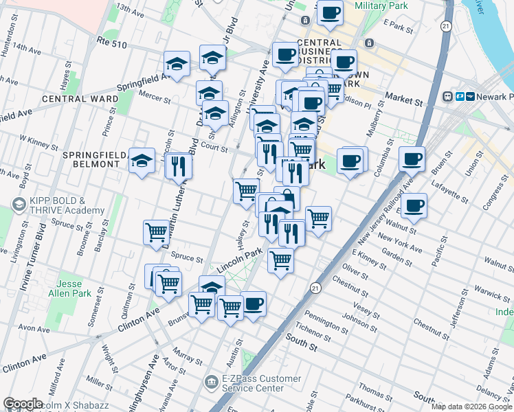 map of restaurants, bars, coffee shops, grocery stores, and more near 60 Nevada Street in Newark