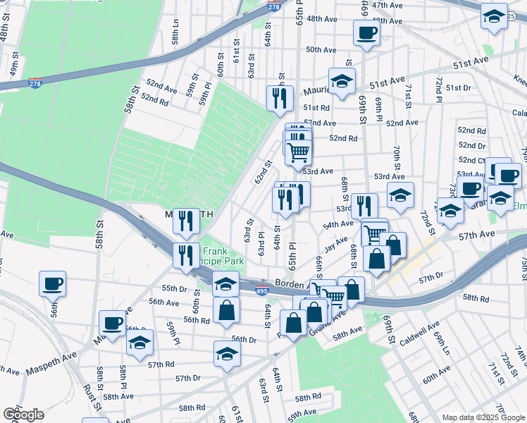 map of restaurants, bars, coffee shops, grocery stores, and more near 53-73 63rd Street in Queens