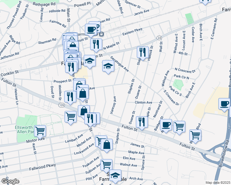 map of restaurants, bars, coffee shops, grocery stores, and more near 243 Vancott Avenue in Farmingdale