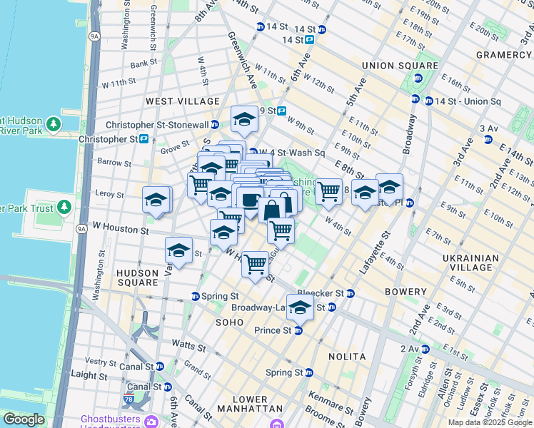 map of restaurants, bars, coffee shops, grocery stores, and more near 223 Sullivan Street in New York