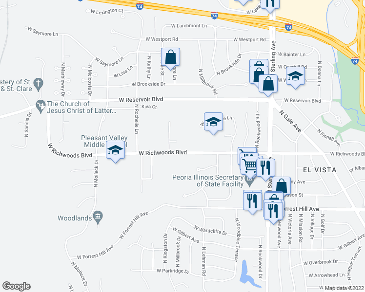 map of restaurants, bars, coffee shops, grocery stores, and more near 3004 West Granada Court in Peoria