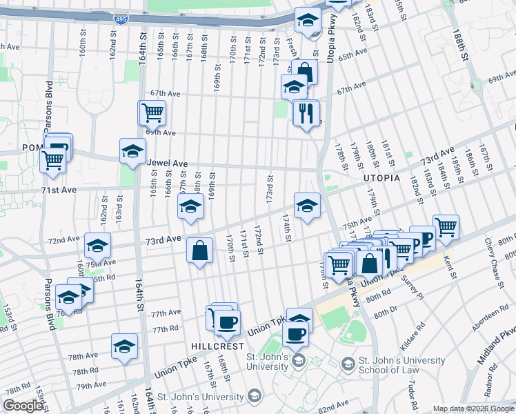 map of restaurants, bars, coffee shops, grocery stores, and more near 71-27 172nd Street in Queens