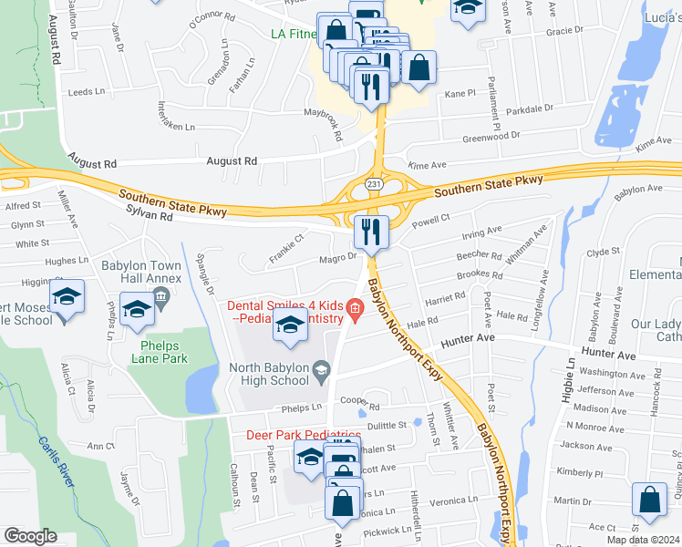 map of restaurants, bars, coffee shops, grocery stores, and more near 7 Strathmore Drive in North Babylon