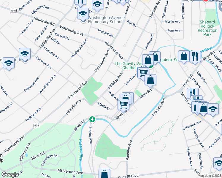 map of restaurants, bars, coffee shops, grocery stores, and more near 197 Hillside Avenue in Chatham