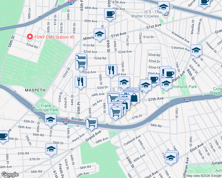 map of restaurants, bars, coffee shops, grocery stores, and more near 53-74 69th Street in Queens