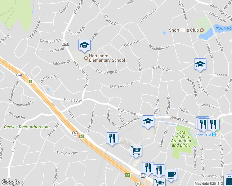 map of restaurants, bars, coffee shops, grocery stores, and more near 65 Coniston Road in Millburn