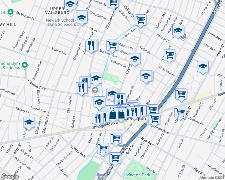 map of restaurants, bars, coffee shops, grocery stores, and more near 96 Smith Street in Irvington