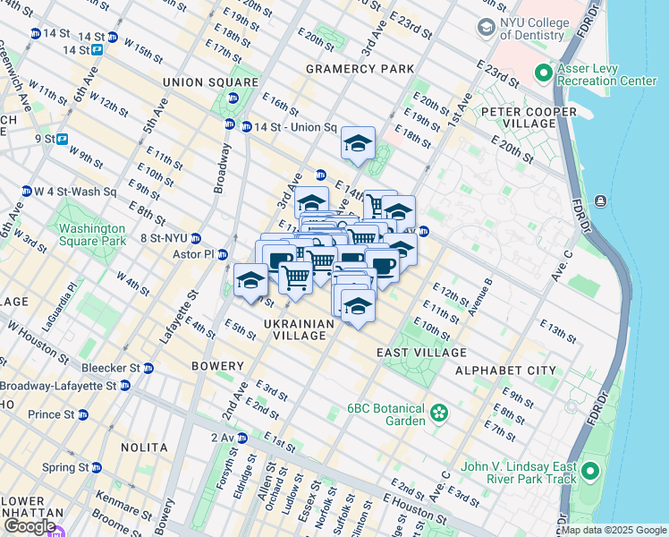 map of restaurants, bars, coffee shops, grocery stores, and more near 213 East 10th Street in New York