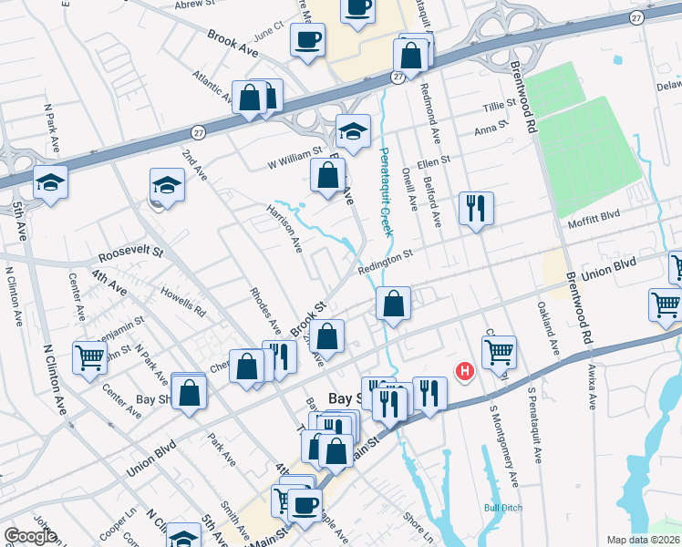 map of restaurants, bars, coffee shops, grocery stores, and more near 6 Westside Avenue in Bay Shore