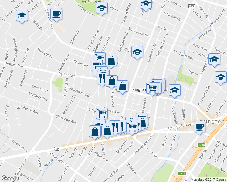 map of restaurants, bars, coffee shops, grocery stores, and more near 58 Ellery Avenue in Irvington