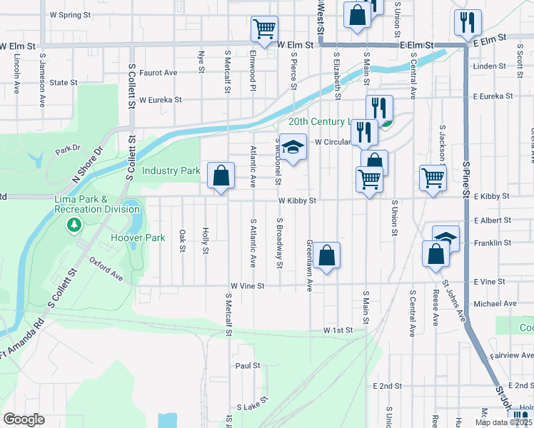 map of restaurants, bars, coffee shops, grocery stores, and more near 714 South Broadway Street in Lima