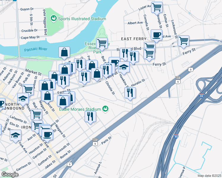 map of restaurants, bars, coffee shops, grocery stores, and more near 122 Christie Street in Newark