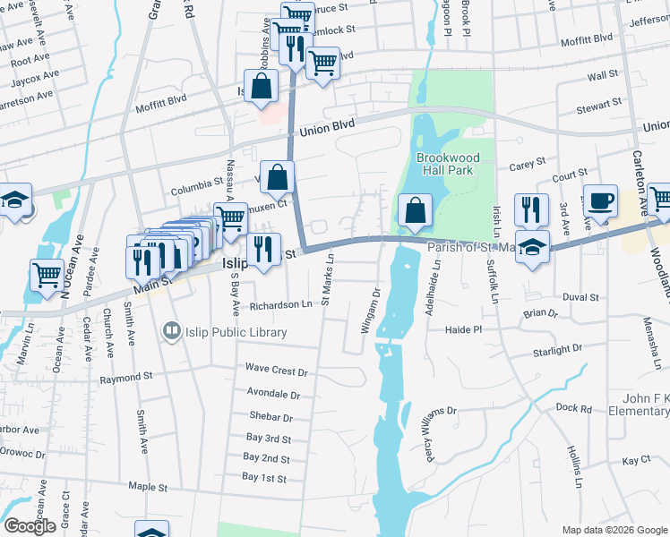 map of restaurants, bars, coffee shops, grocery stores, and more near 21 Saint Marks Lane in Islip
