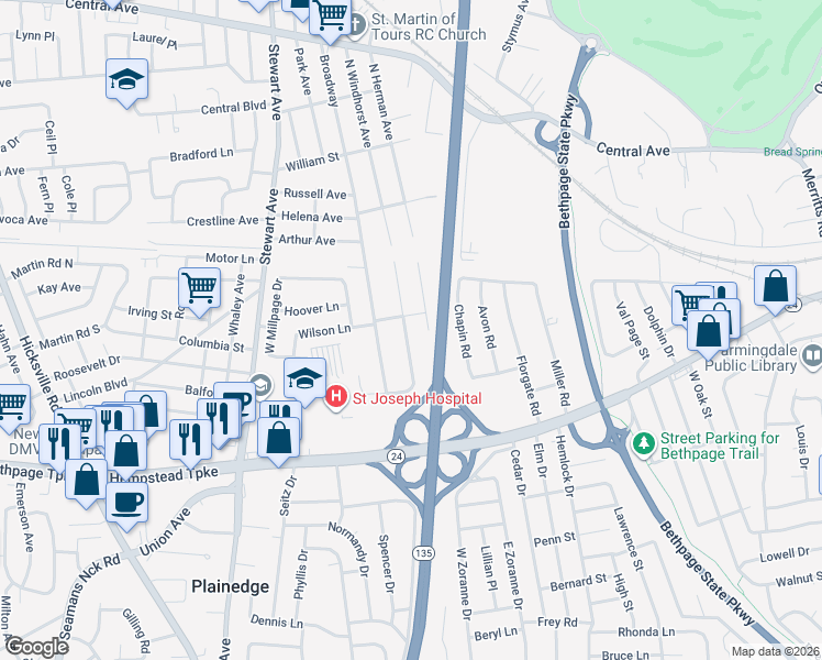 map of restaurants, bars, coffee shops, grocery stores, and more near 74 South Windhorst Avenue in Bethpage