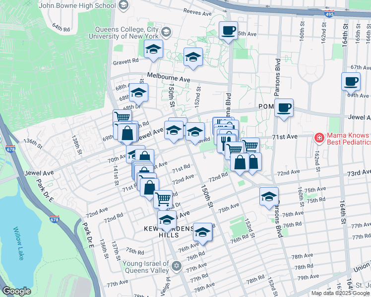 map of restaurants, bars, coffee shops, grocery stores, and more near 147-58 70th Road in Queens