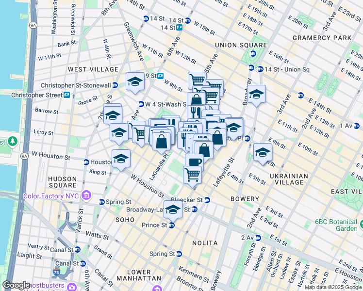 map of restaurants, bars, coffee shops, grocery stores, and more near 70 Washington Square South in New York