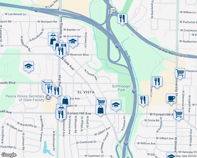 map of restaurants, bars, coffee shops, grocery stores, and more near 2044 West Wilson Avenue in Peoria