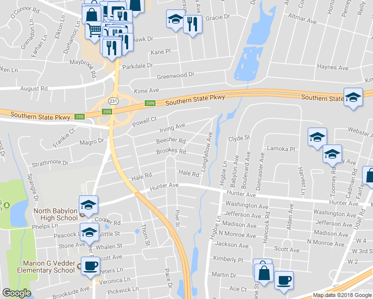map of restaurants, bars, coffee shops, grocery stores, and more near 93 Brookes Road in North Babylon