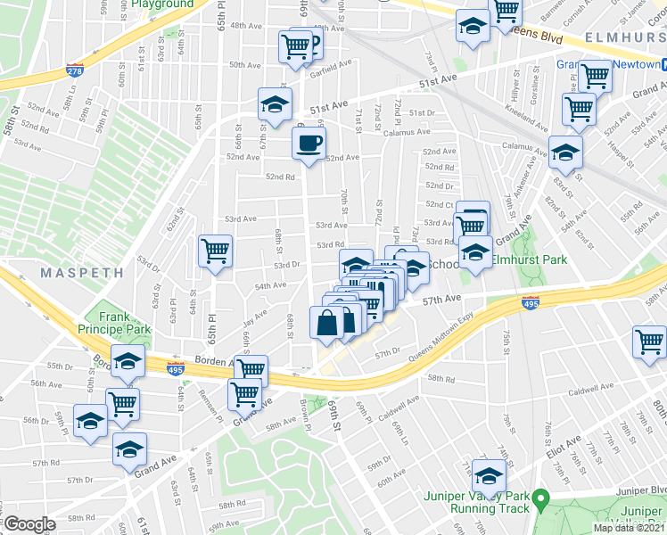 map of restaurants, bars, coffee shops, grocery stores, and more near 69-30 53rd Drive in Queens