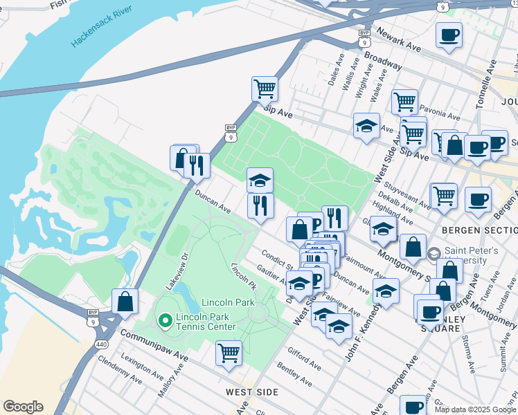 map of restaurants, bars, coffee shops, grocery stores, and more near in Jersey City