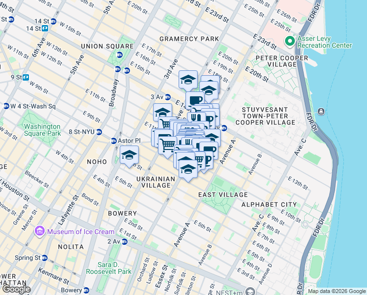 map of restaurants, bars, coffee shops, grocery stores, and more near 330 East 11th Street in New York