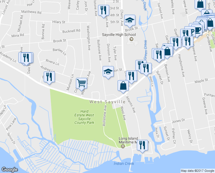 map of restaurants, bars, coffee shops, grocery stores, and more near 33 Rollstone Avenue in West Sayville