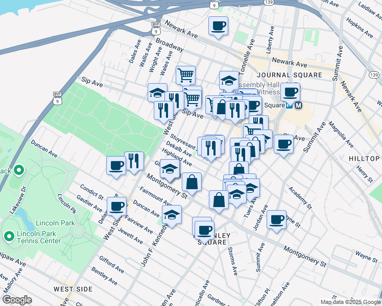 map of restaurants, bars, coffee shops, grocery stores, and more near 98 Dekalb Avenue in Jersey City