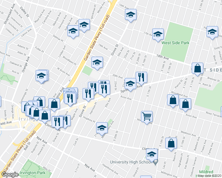 map of restaurants, bars, coffee shops, grocery stores, and more near 174 Ellis Ave in Irvington