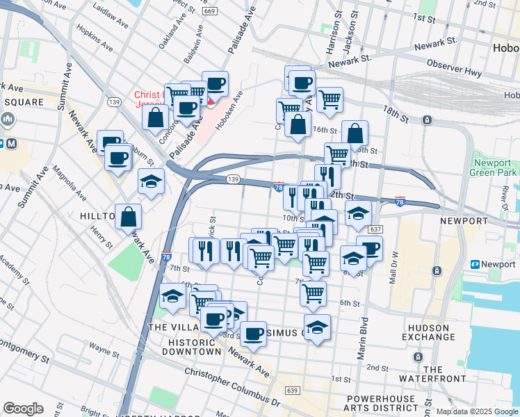 map of restaurants, bars, coffee shops, grocery stores, and more near 310 10th Street in Jersey City