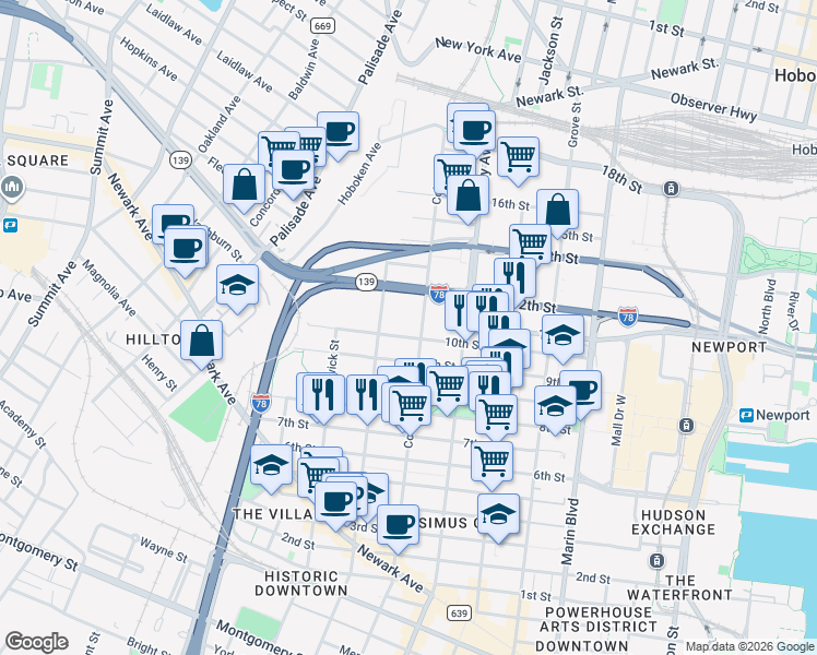 map of restaurants, bars, coffee shops, grocery stores, and more near 310 10th Street in Jersey City