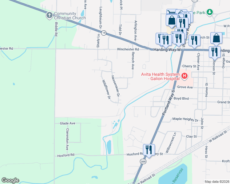 map of restaurants, bars, coffee shops, grocery stores, and more near 330 Hessenauer Dr in Galion