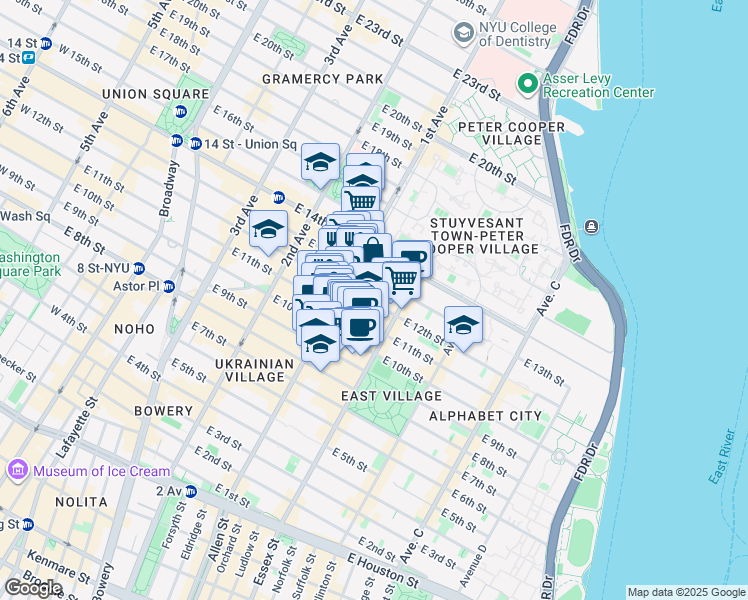 map of restaurants, bars, coffee shops, grocery stores, and more near 200 1st Avenue in New York