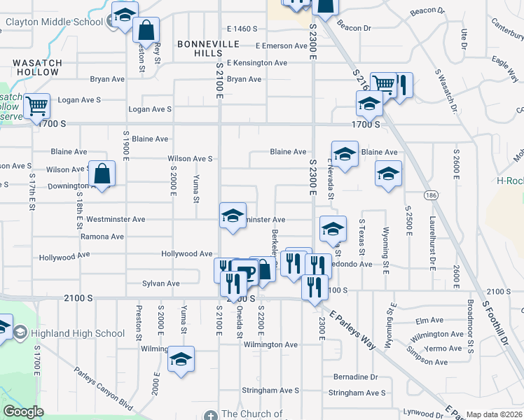 map of restaurants, bars, coffee shops, grocery stores, and more near 2191 Westminster Avenue in Salt Lake City