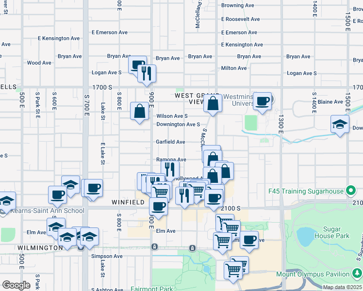 map of restaurants, bars, coffee shops, grocery stores, and more near 1873 South 1000 East in Salt Lake City