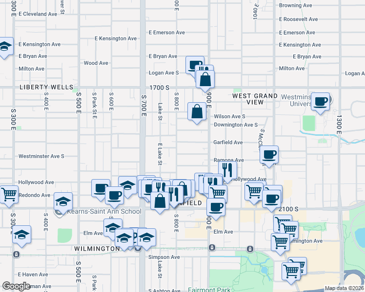 map of restaurants, bars, coffee shops, grocery stores, and more near 838 East Garfield Avenue in Salt Lake City