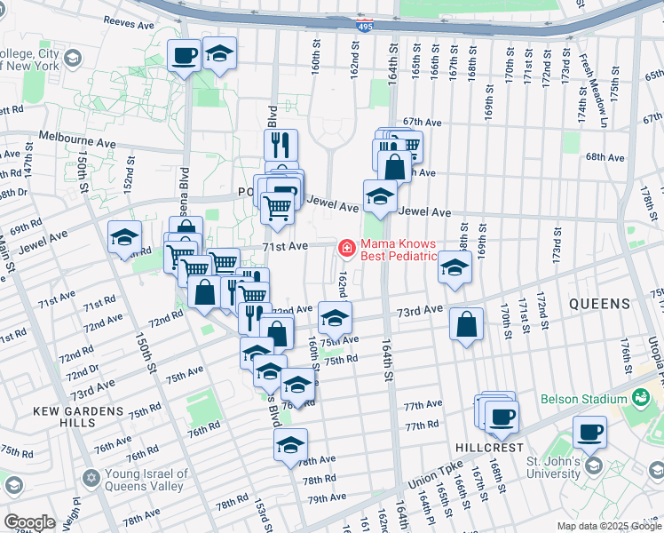 map of restaurants, bars, coffee shops, grocery stores, and more near 71-30 162nd Street in Queens
