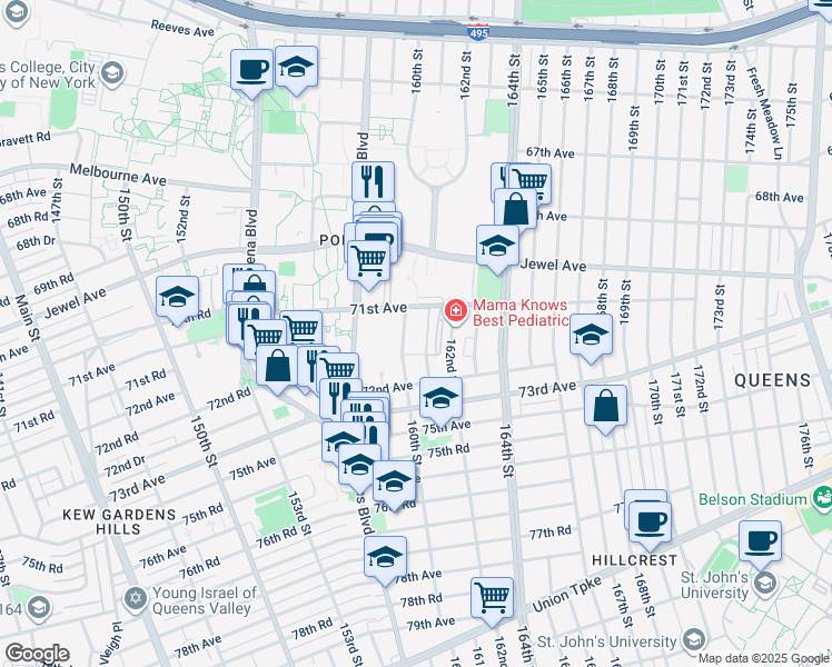 map of restaurants, bars, coffee shops, grocery stores, and more near 71-27 Park Avenue in Queens