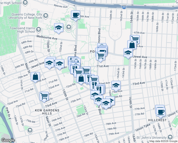 map of restaurants, bars, coffee shops, grocery stores, and more near 154-84 71st Avenue in Queens