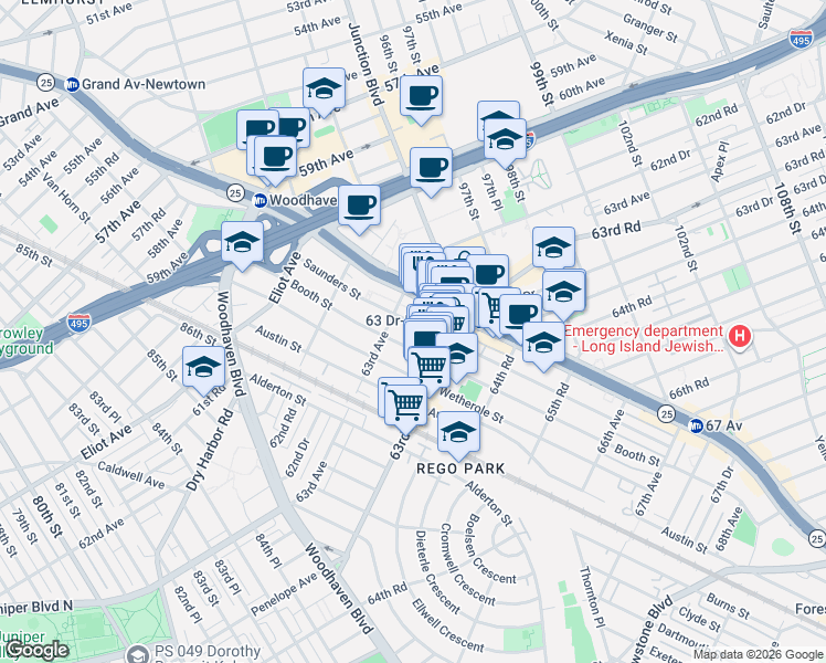 map of restaurants, bars, coffee shops, grocery stores, and more near 95-20 Queens Boulevard in Queens