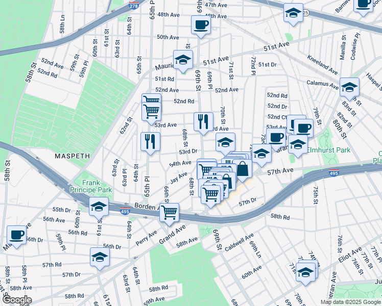 map of restaurants, bars, coffee shops, grocery stores, and more near 53-74 69th Street in Queens