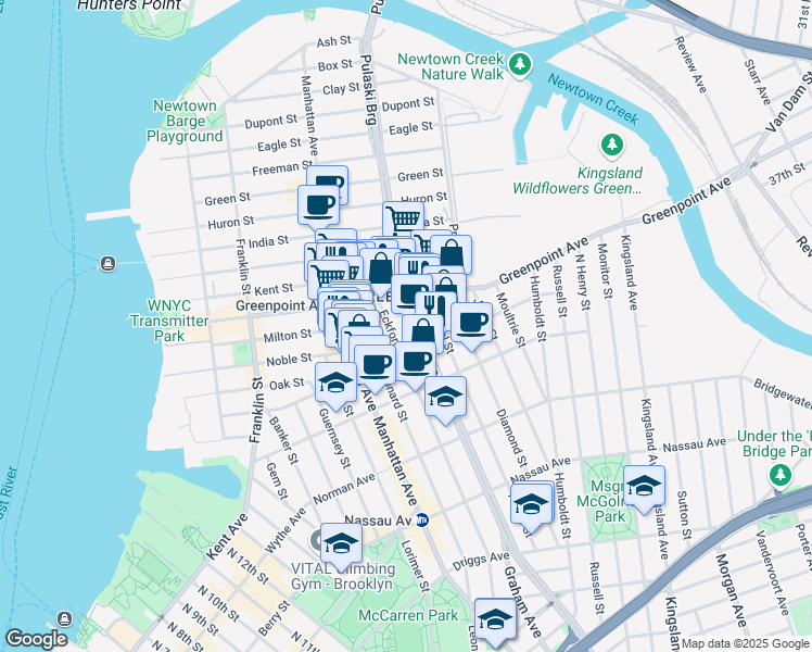 map of restaurants, bars, coffee shops, grocery stores, and more near 211 McGuinness Boulevard in Brooklyn