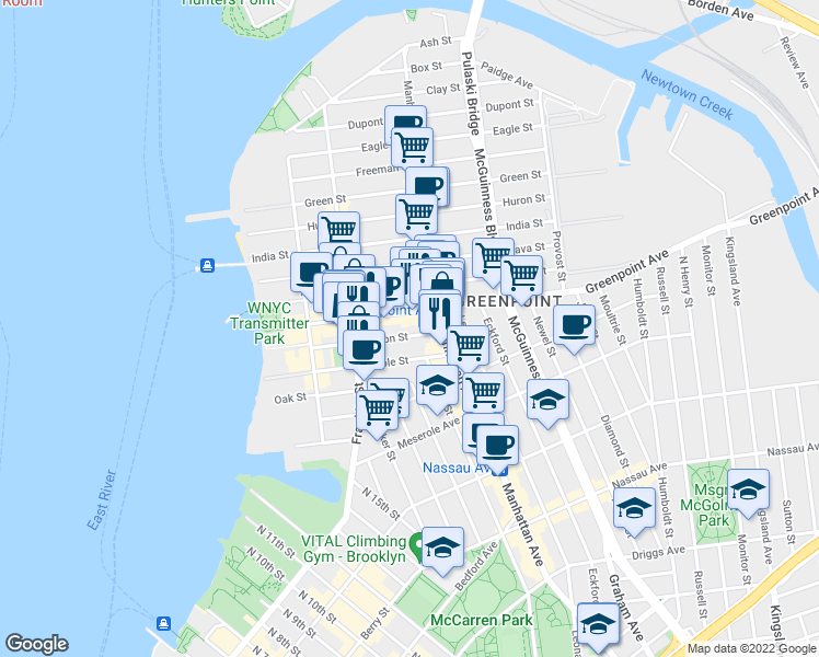 map of restaurants, bars, coffee shops, grocery stores, and more near 123 Milton Street in Brooklyn