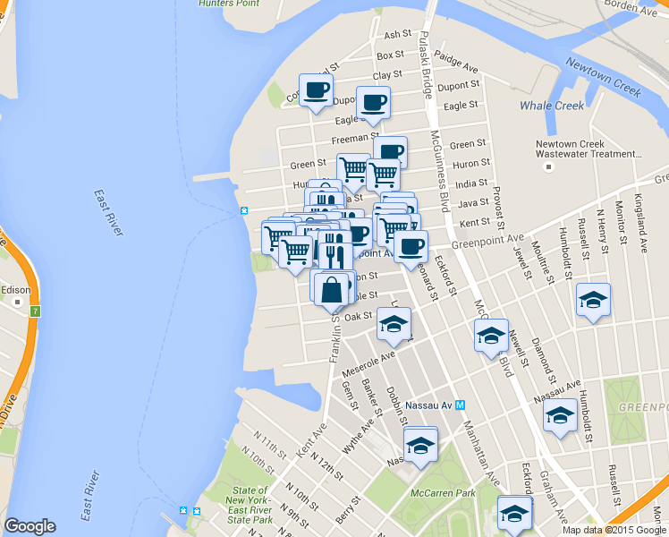 map of restaurants, bars, coffee shops, grocery stores, and more near 134 Franklin Street in Brooklyn